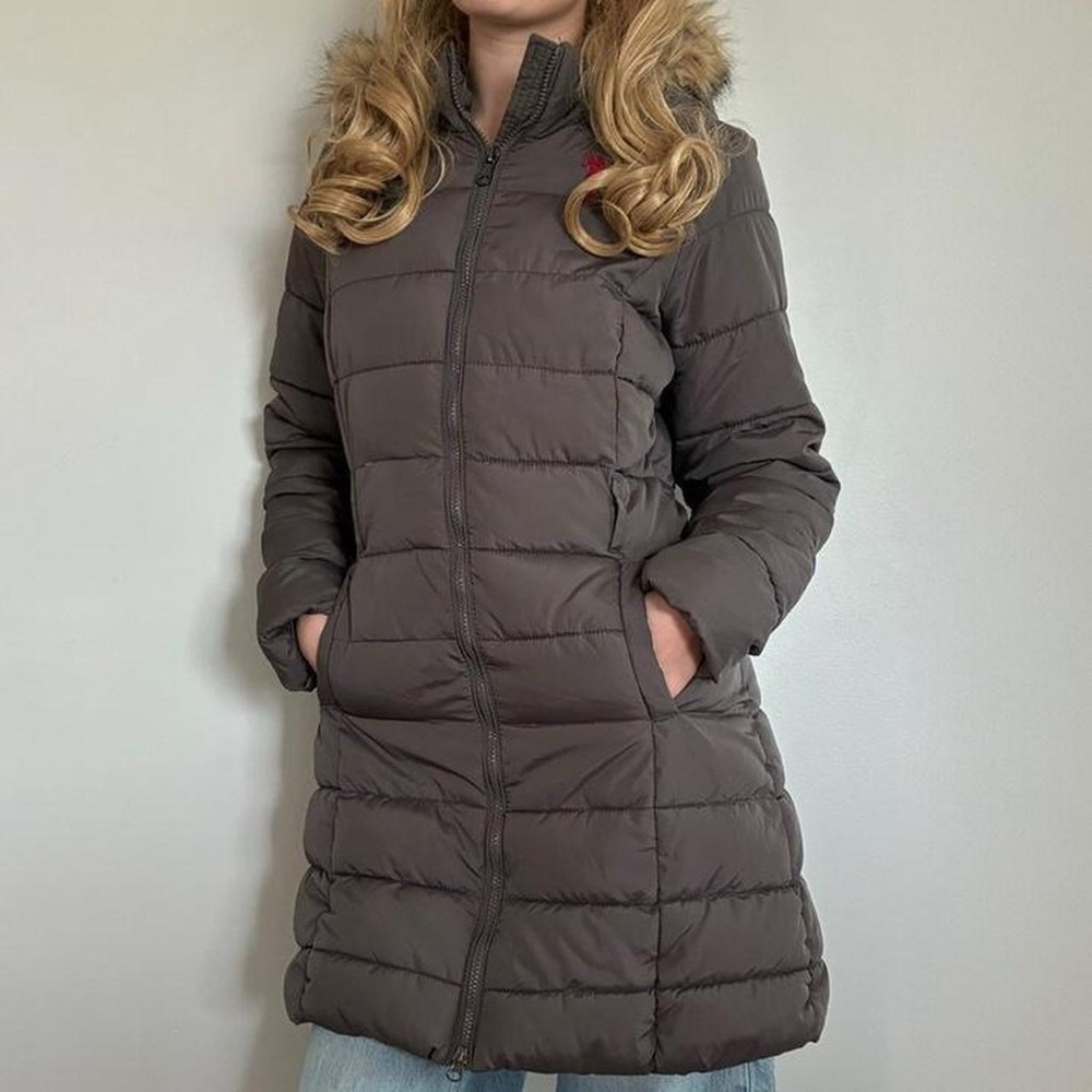 U.S. Polo Assn. Full Length Long Grey Puffer Coat w/ Fur Hood